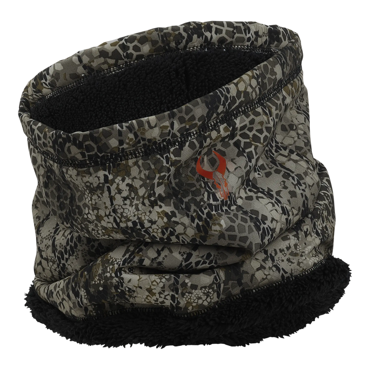 Camo fleece neck gaiter with Badlands skull logo, designed for warmth and concealment in outdoor environments.