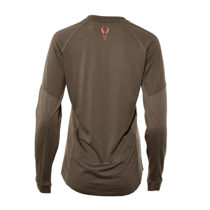 Brown long-sleeve shirt, back view, with red Badlands skull logo at the upper center.