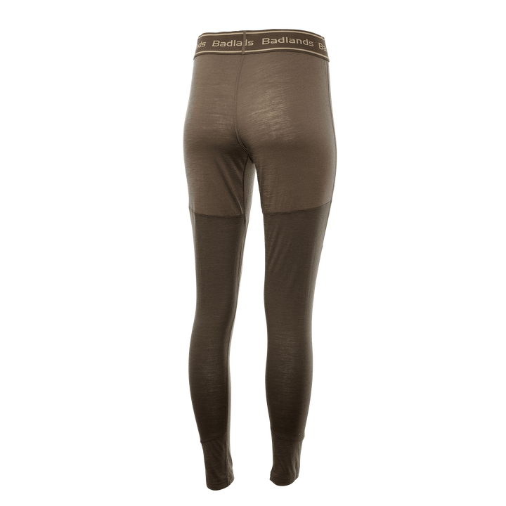 Brown Badlands base layer pants, elastic waistband with Badlands logo and skull, rear view, seamless and tagless design.