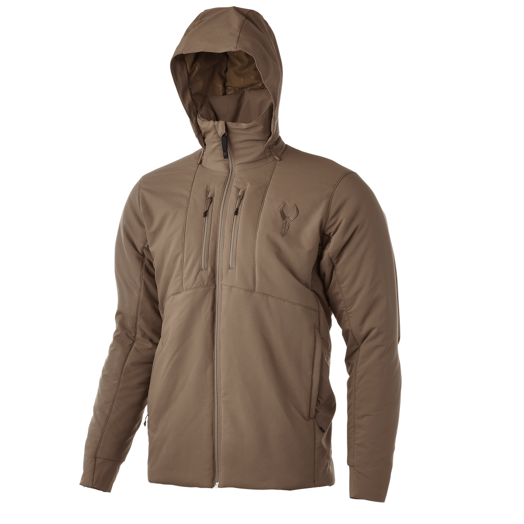 Tan Badlands jacket with hood, front zippers, and Badlands skull logo on chest. Designed for outdoor use.