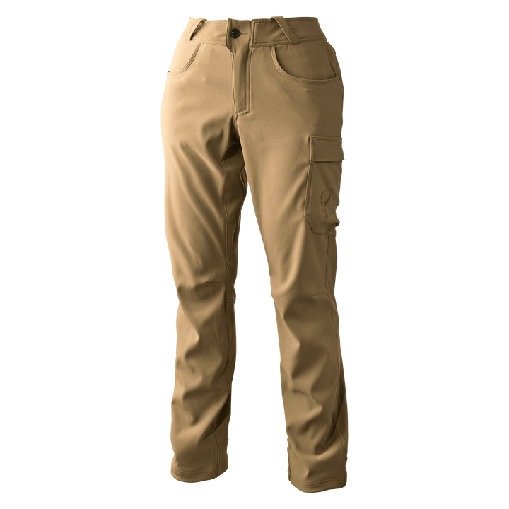 Khaki Badlands pants with cargo pocket and skull logo, designed for outdoor use; accessible fit and durable fabric.