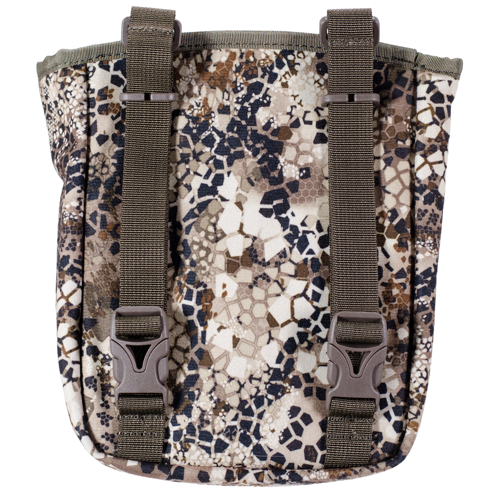 Badlands camo pouch with two adjustable straps and buckles; features rugged design for outdoor gear attachment.