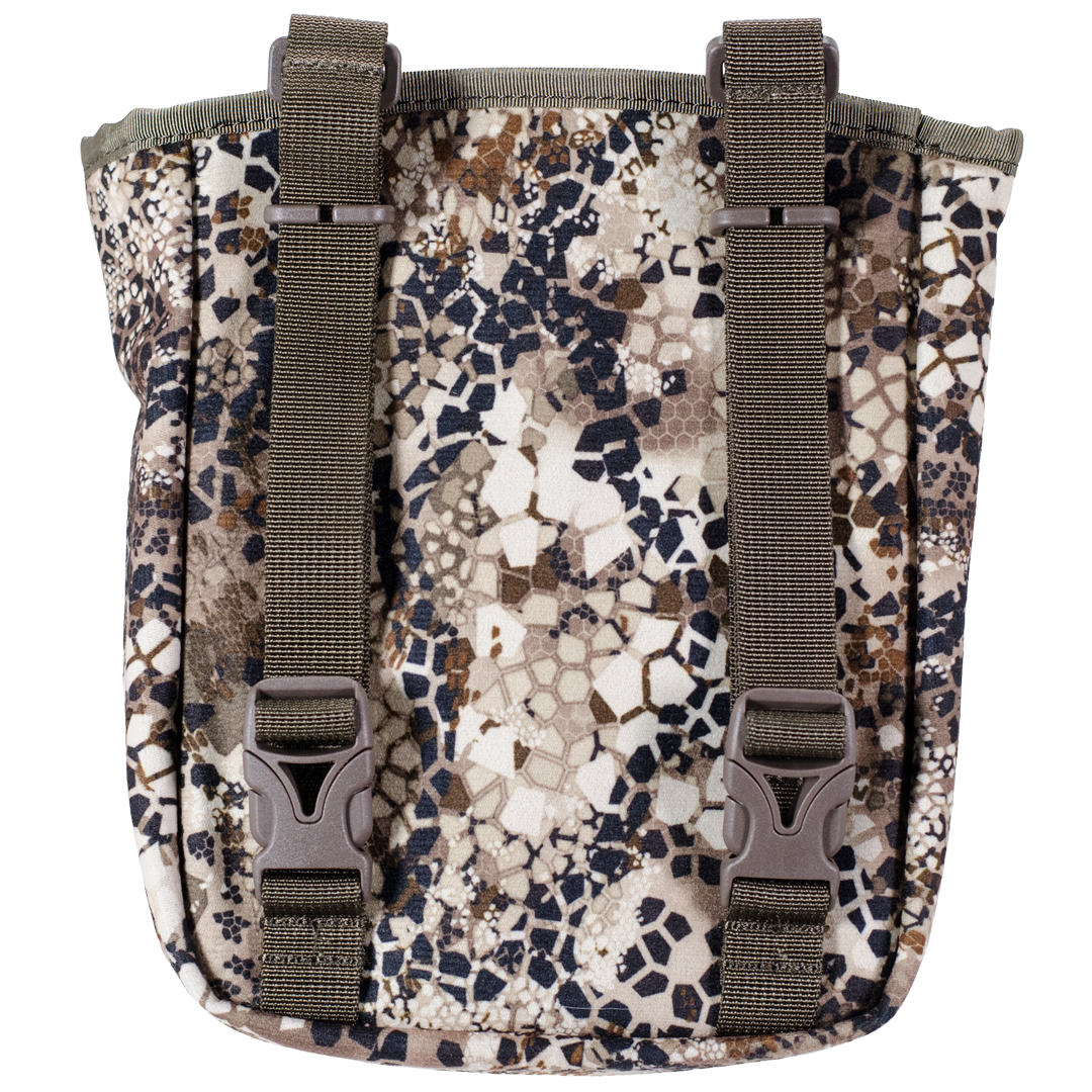 Badlands camo pouch with two adjustable straps and buckles; features rugged design for outdoor gear attachment.