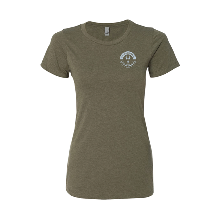 Olive green women's t-shirt with small Badlands skull logo on left chest; short sleeves, crew neck.