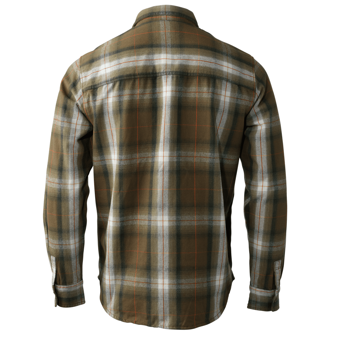 Back view of a Badlands plaid flannel shirt in green, brown, and white tones. No visible logo or graphics.