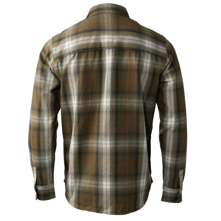 Back view of a Badlands plaid flannel shirt in green, brown, and white tones. No visible logo or graphics.