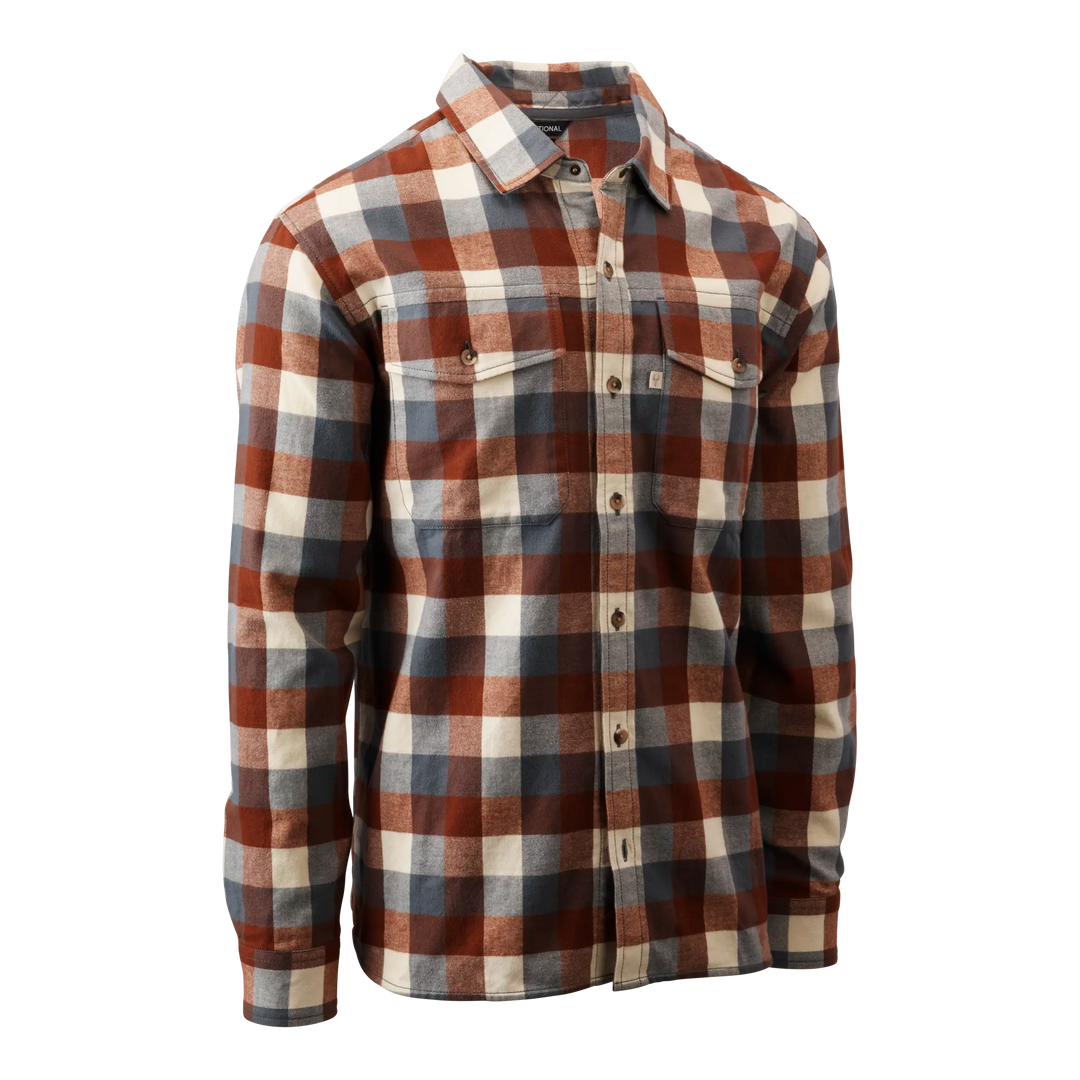 Men’s Badlands plaid flannel shirt in rust, blue, and cream with front pockets and subtle Badlands skull logo on chest.