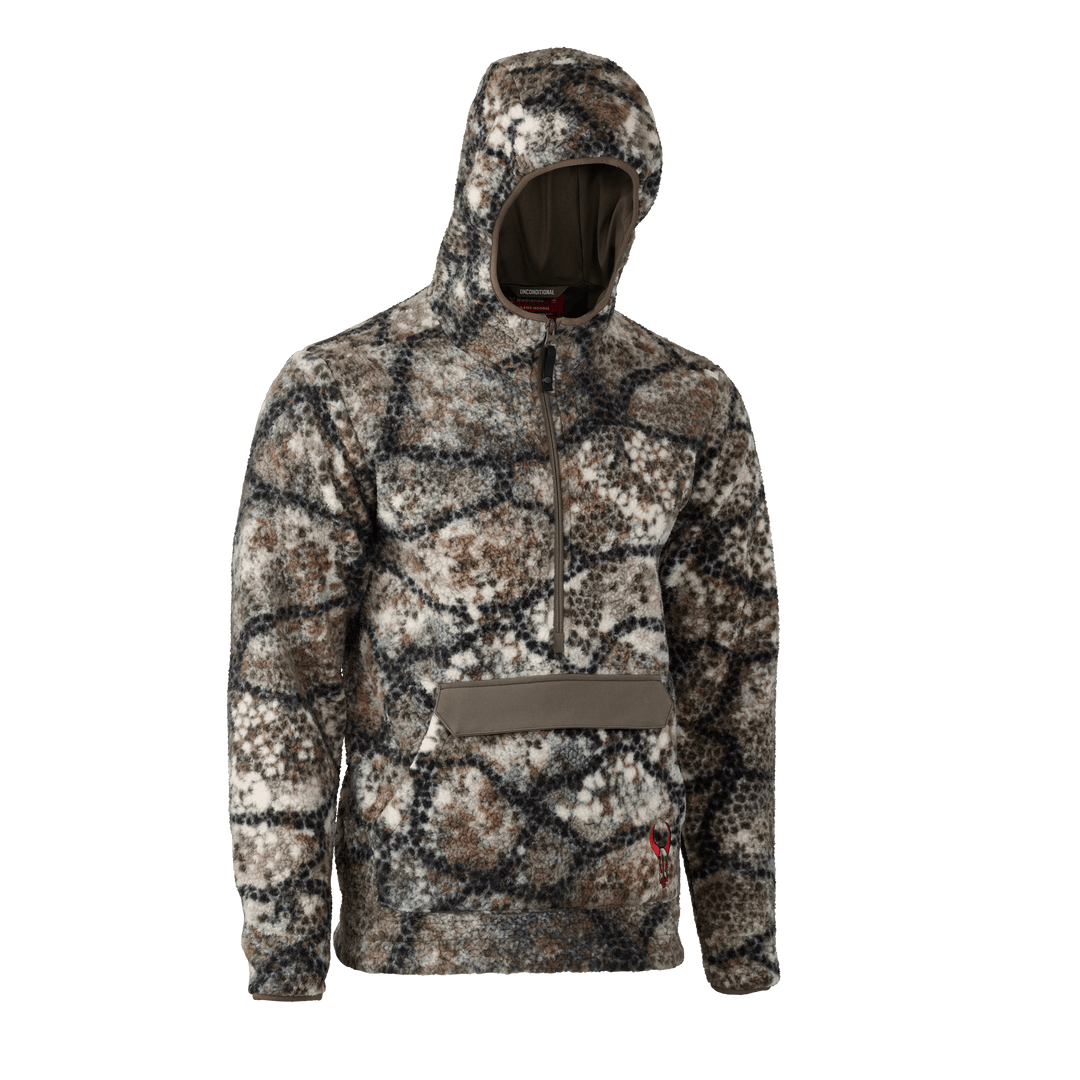 Badlands camo fleece hoodie with front pocket and skull logo, designed for outdoor use and easy layering.