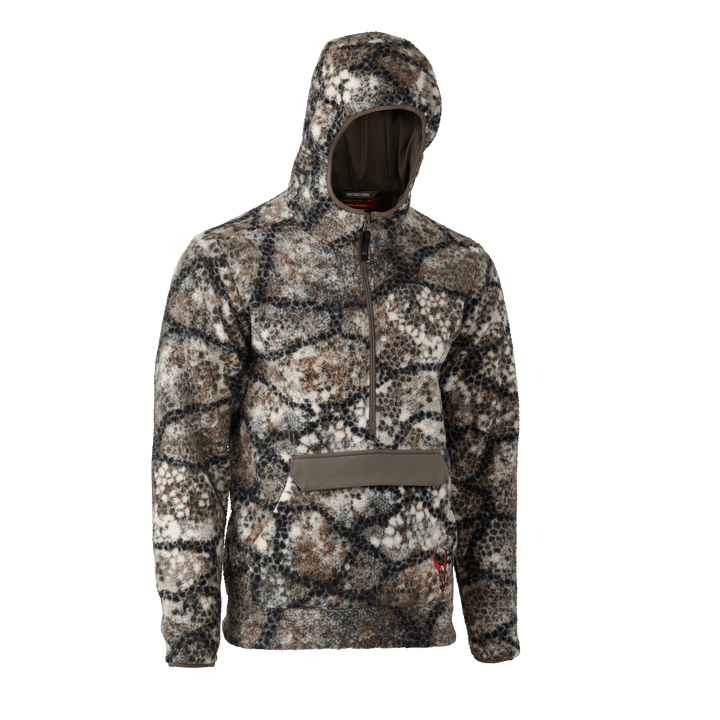 Badlands camo fleece hoodie with front pocket and skull logo, designed for outdoor use and easy layering.
