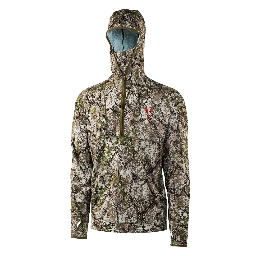 Camo hunting hoodie with Badlands skull logo on chest, front zip, and hood. Earth-tone pattern for outdoor use.
