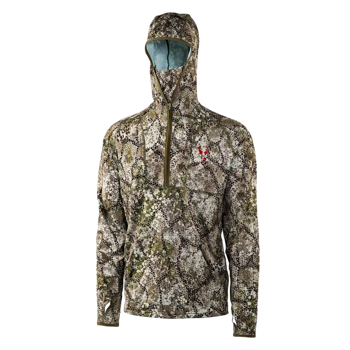 Camo hunting hoodie with Badlands skull logo on chest, front zip, and hood. Earth-tone pattern for outdoor use.