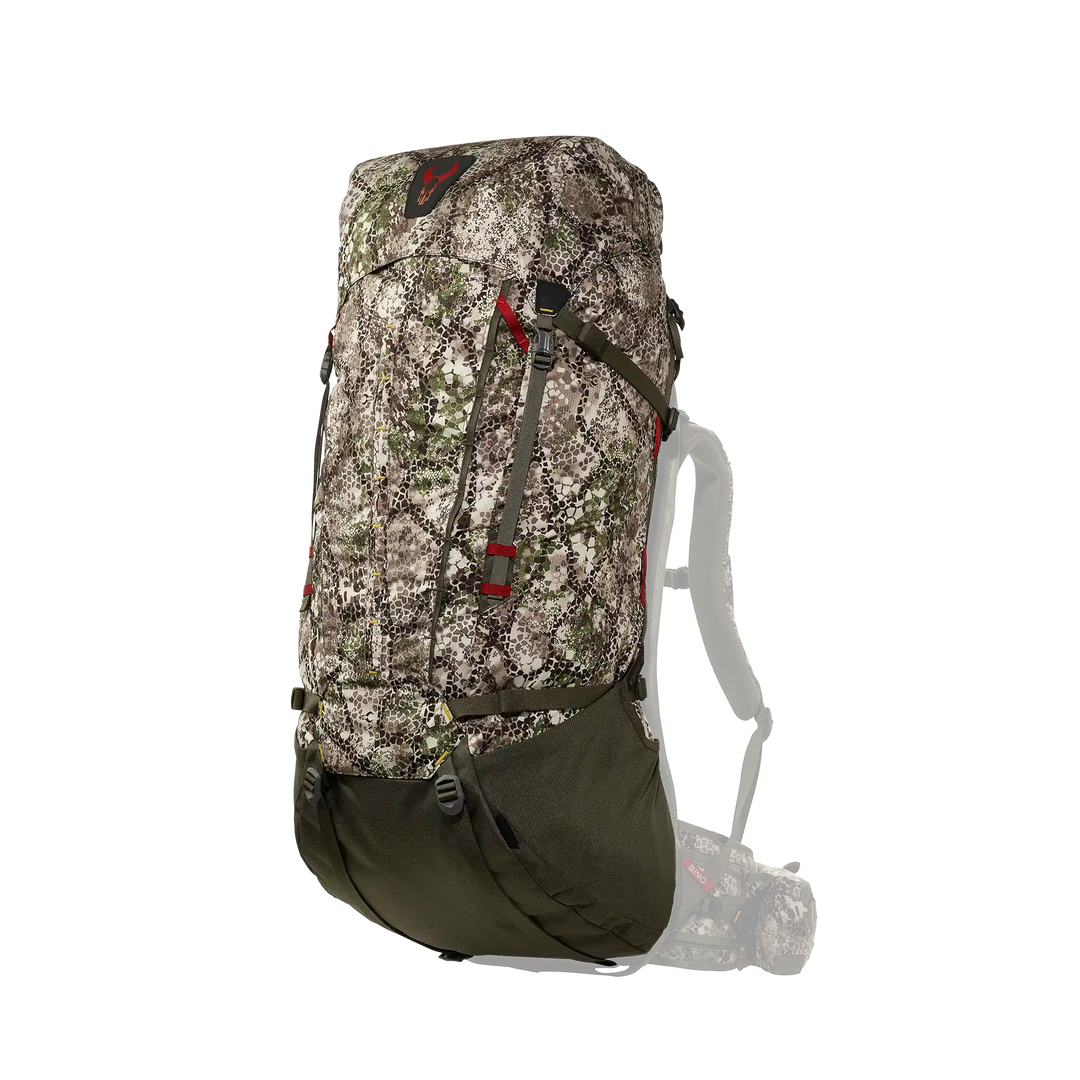 Badlands camo hunting backpack with ergonomic straps and red skull logo on top. Accessible pockets and durable design.
