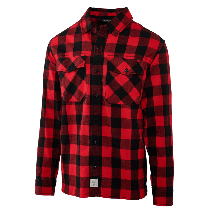 Red and black plaid Badlands flannel shirt with front pockets and skull logo patch at the hem.