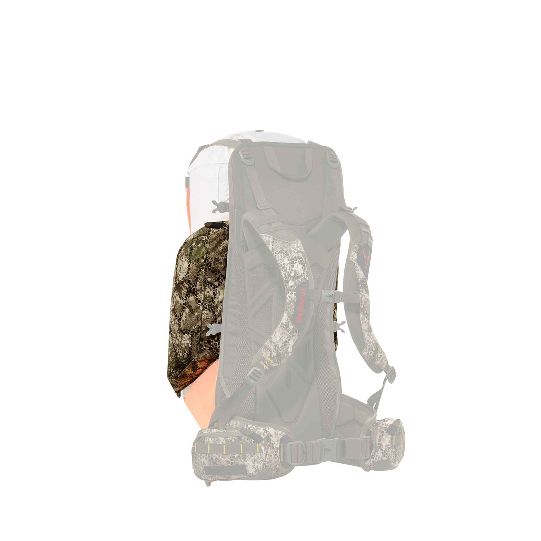 Badlands hunting pack with camo pattern and skull logo, shown from the back for clear view of straps and harness system.