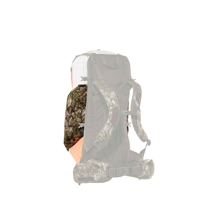 Badlands hunting pack with camo pattern and skull logo, shown from the back for clear view of straps and harness system.