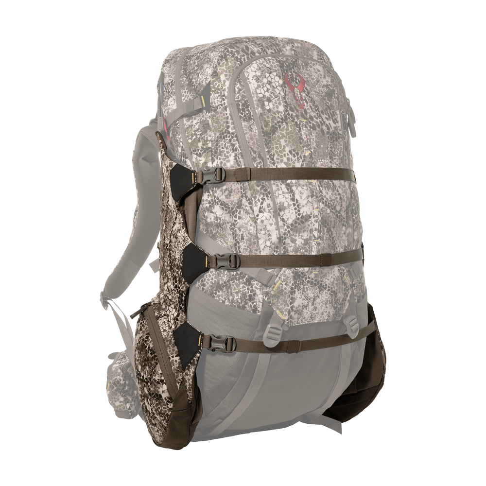 Badlands camo hunting backpack with multiple straps and red skull logo, designed for outdoor gear organization and comfort.