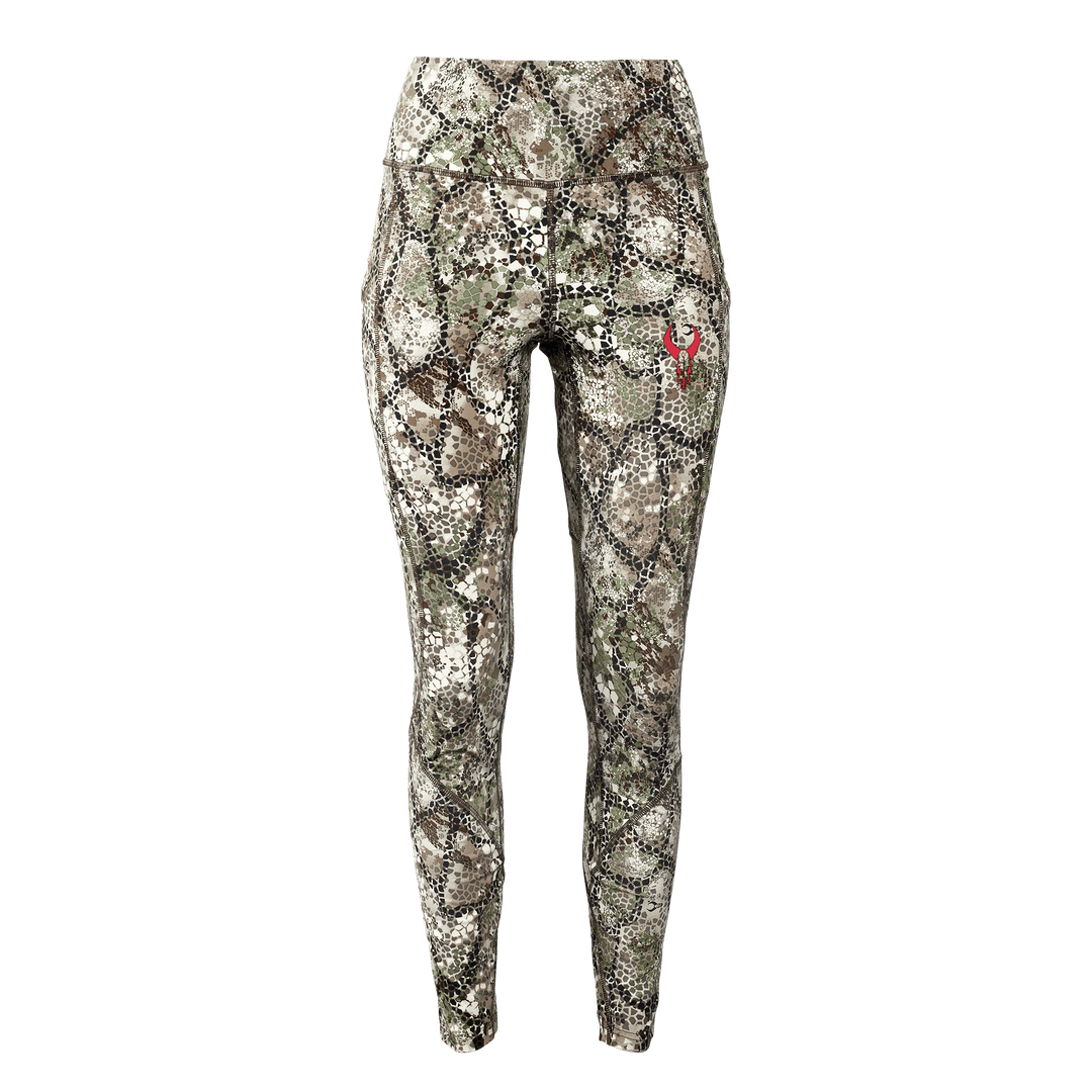 Badlands camo leggings with red skull logo on left hip, designed for outdoor and hunting activities.