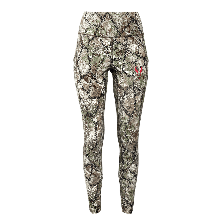Badlands camo leggings with red skull logo on left hip, designed for outdoor and hunting activities.