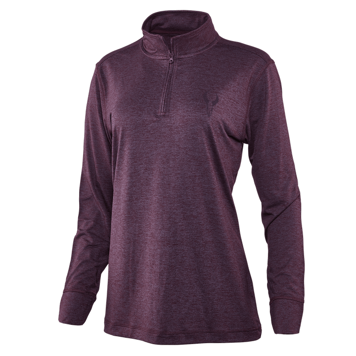 Women's maroon Badlands quarter-zip pullover with subtle skull logo on chest; long sleeves, lightweight fabric.