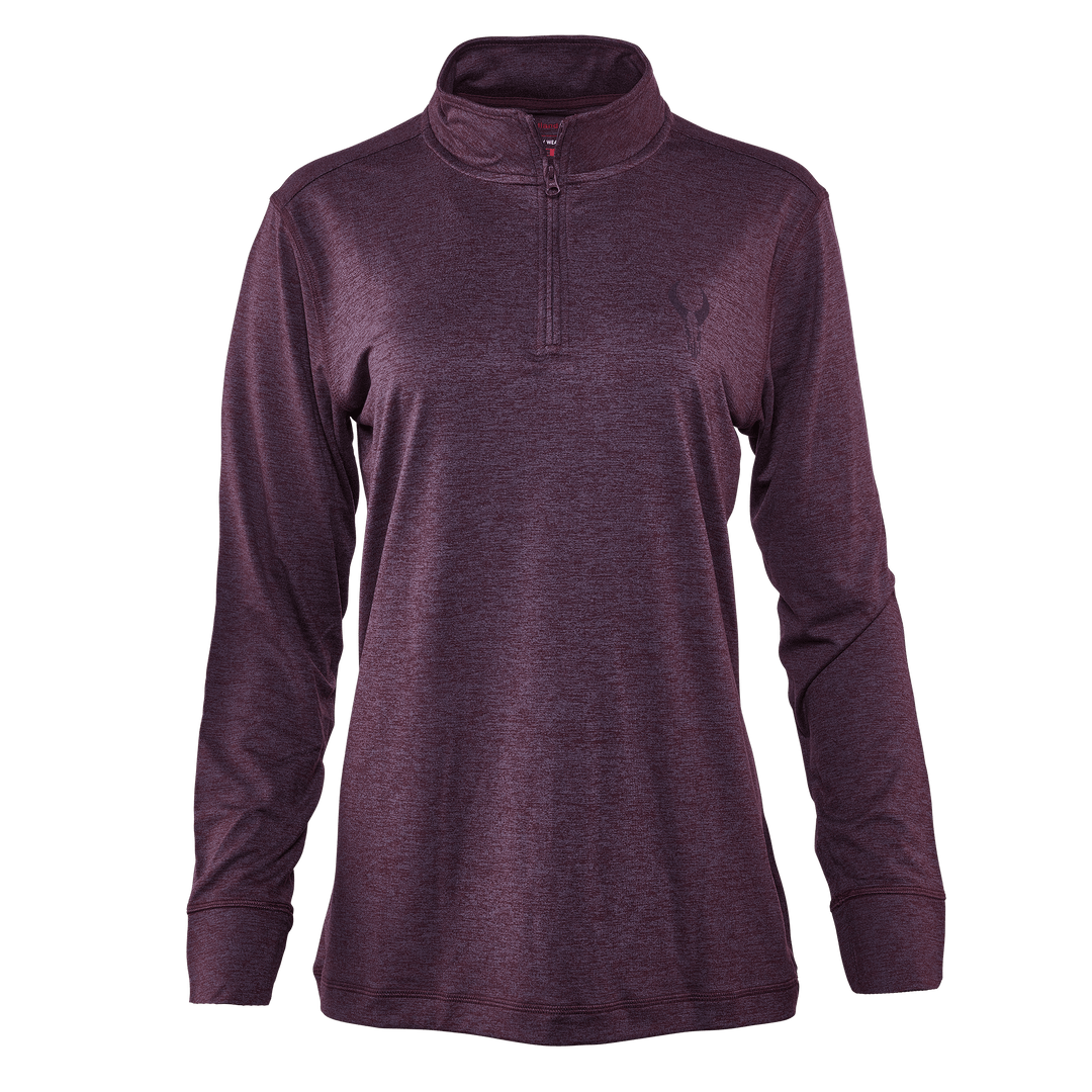 Maroon Badlands women's quarter-zip pullover with subtle skull logo on chest; long sleeves, ADA-friendly design.