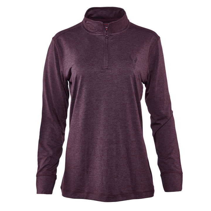 Maroon Badlands women's quarter-zip pullover with subtle skull logo on chest; long sleeves, ADA-friendly design.