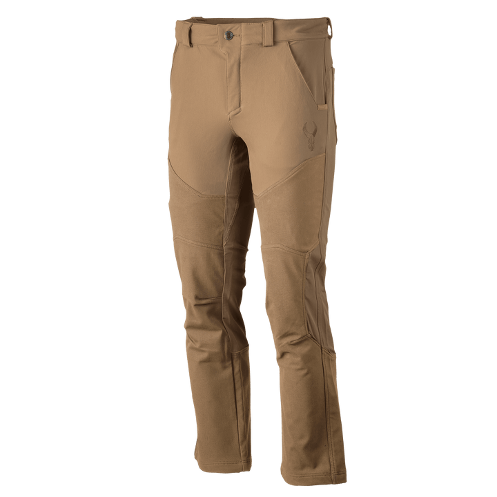 Tan Badlands hunting pants with articulated knees and Badlands skull logo on the left thigh.