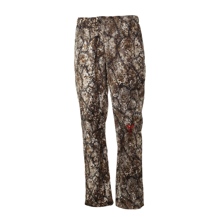 Badlands camo hunting pants with red skull logo on leg, shown against a white background.