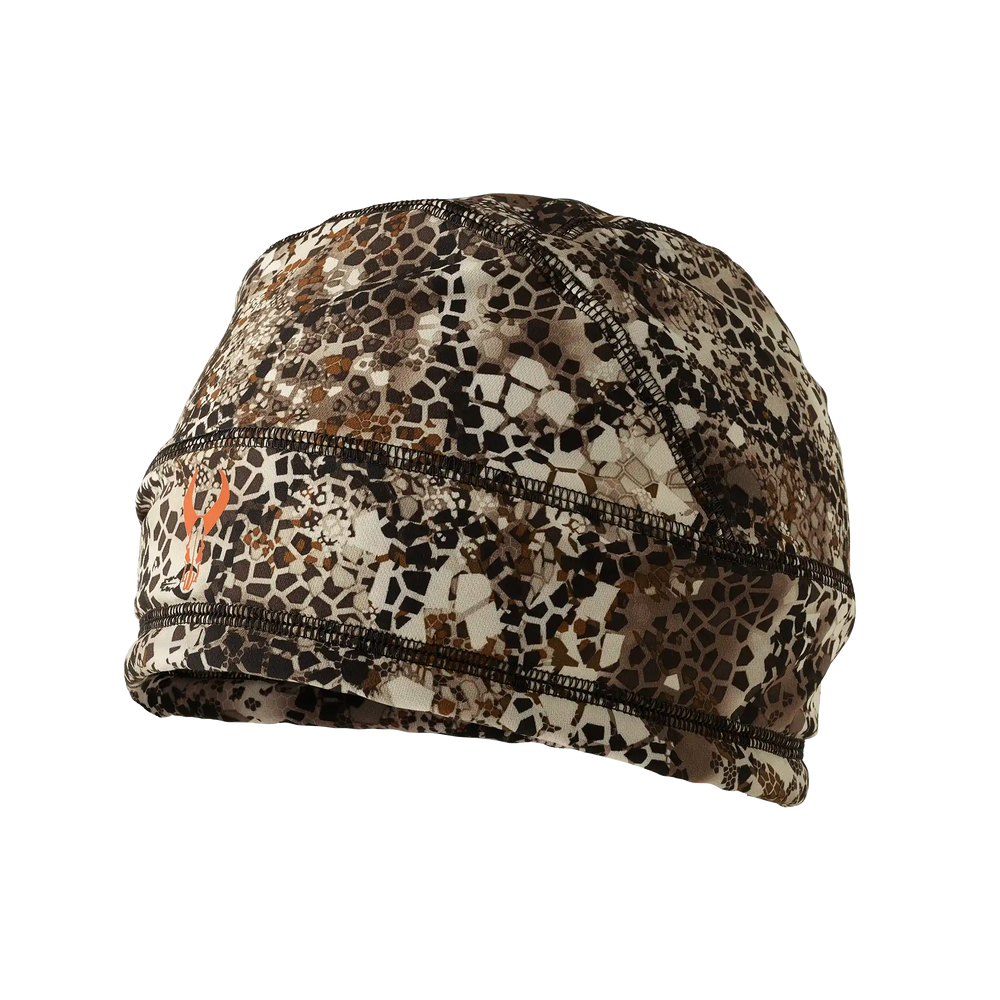 Badlands camo beanie with orange skull logo, designed for outdoor use; lightweight and ADA-friendly.
