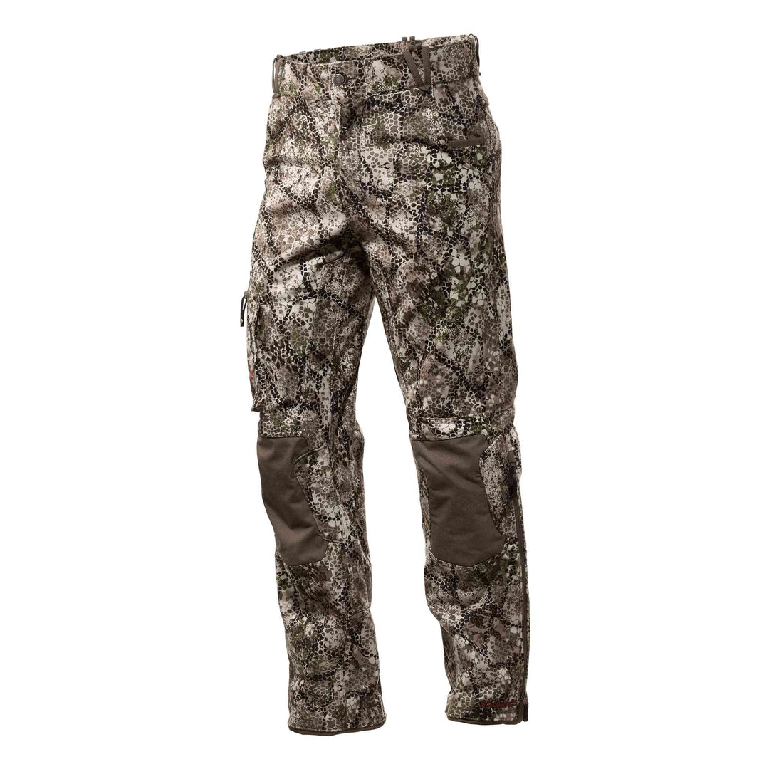 Badlands camo hunting pants with reinforced knees and cargo pockets, featuring the Badlands skull logo on the left leg.