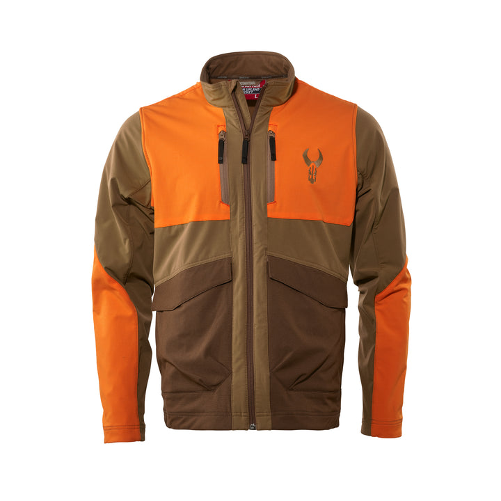 Brown and orange Badlands hunting jacket with zip front and skull logo on chest; designed for visibility and durability.