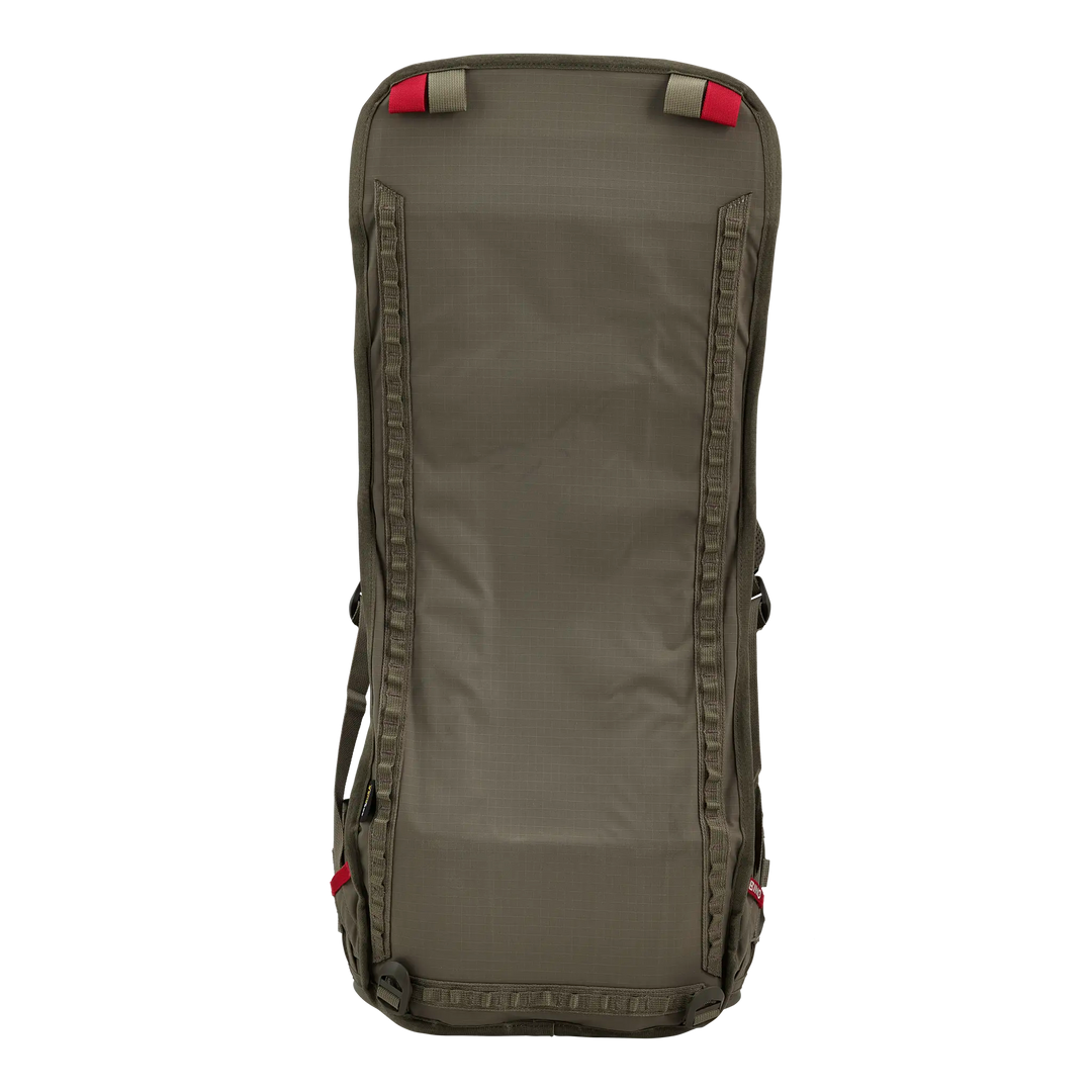Olive Badlands backpack, rectangular shape, with red accents and no visible logo on this side.