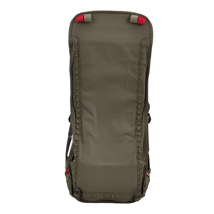 Olive Badlands backpack, rectangular shape, with red accents and no visible logo on this side.