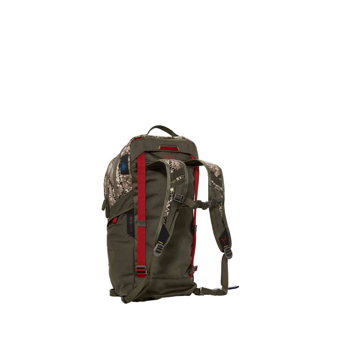 Badlands hunting backpack in green and camo with red accents, adjustable straps, and skull logo on the shoulder strap.