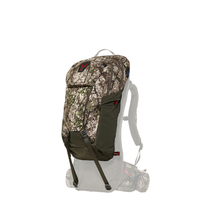 Badlands camo hunting pack with red skull logo, shown on frame; lightweight, rugged design for outdoor use.