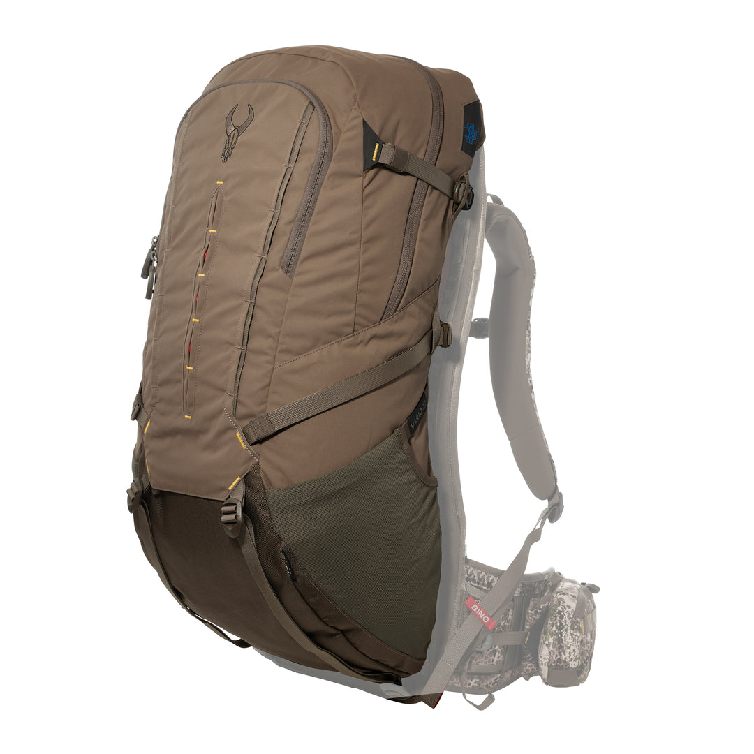 Brown Badlands hunting backpack with skull logo, large main compartment, side mesh pockets, and adjustable straps.