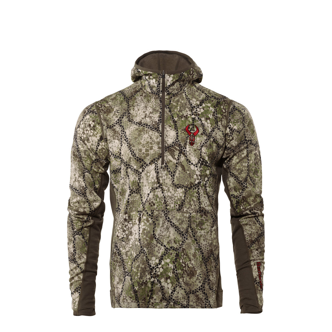 Green camo Badlands hoodie with red skull logo on chest, quarter-zip front, and long sleeves.