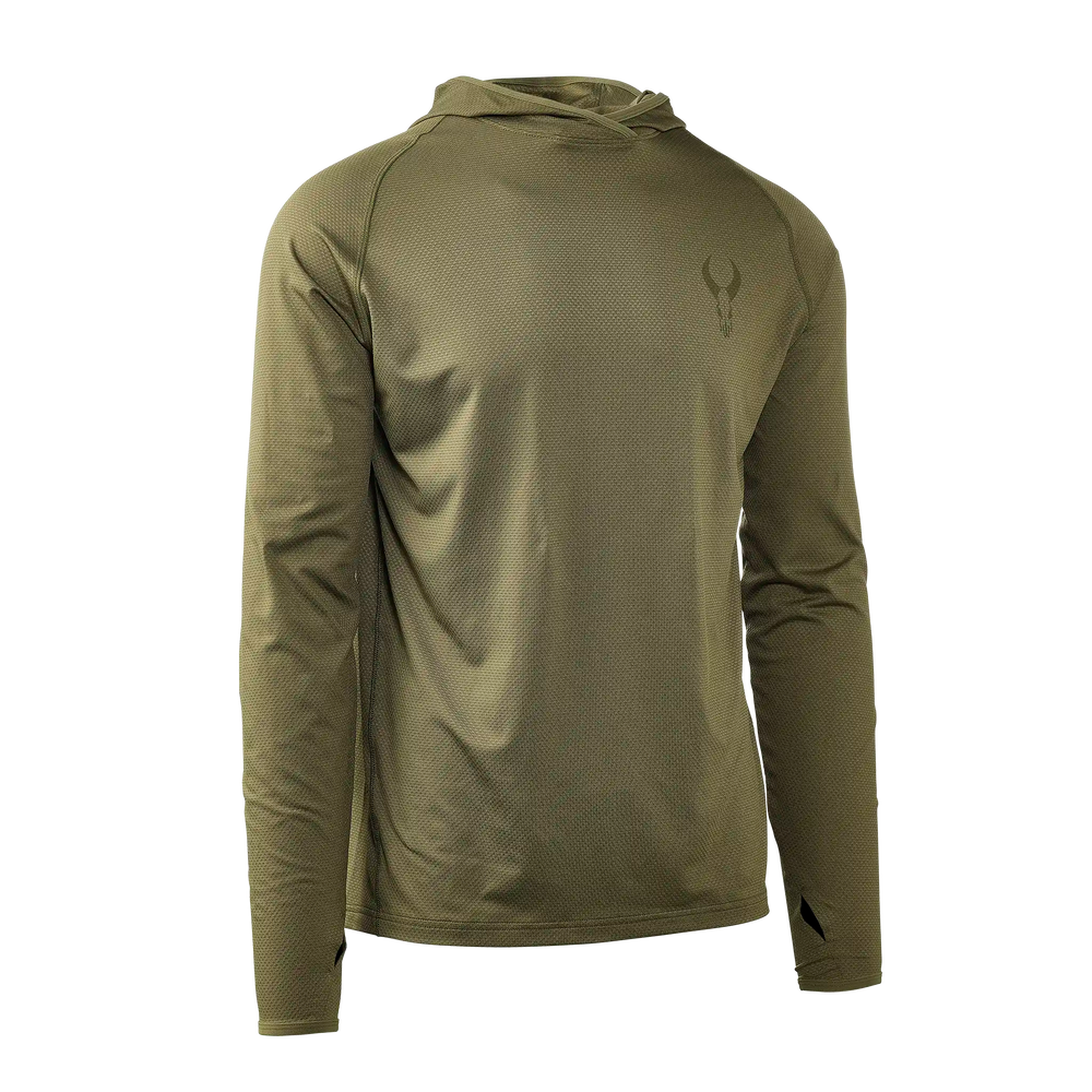 Olive green Badlands long-sleeve hoodie with subtle skull logo on chest, lightweight and breathable fabric.