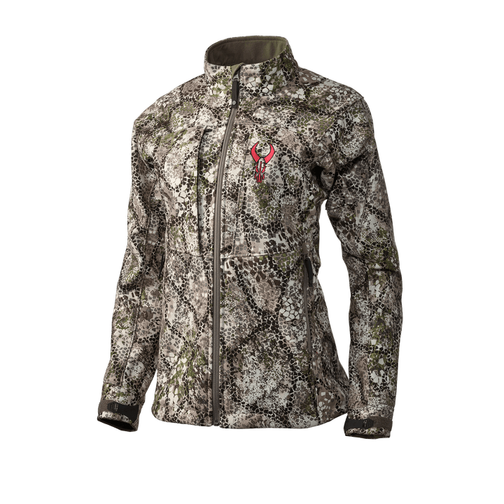 Women's camo jacket with Badlands skull logo on chest; full zip, high collar, and adjustable cuffs.