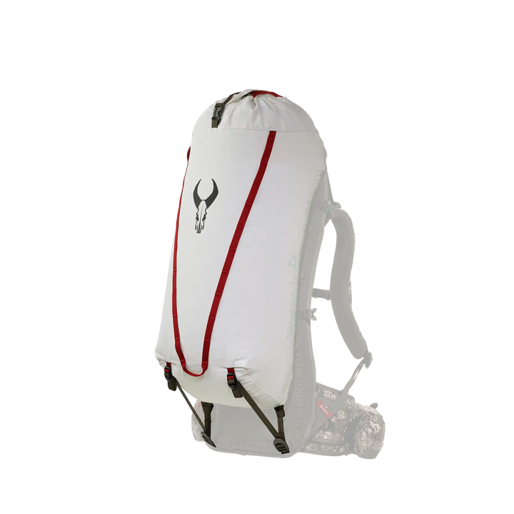 White Badlands backpack with red accents and skull logo, shown on a transparent background for clear product visibility.