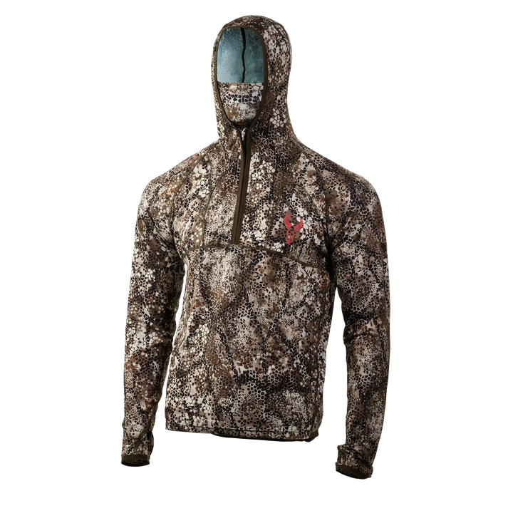 Camo hunting hoodie with face cover, zip front, and red Badlands skull logo on chest. Accessible and adaptive design.