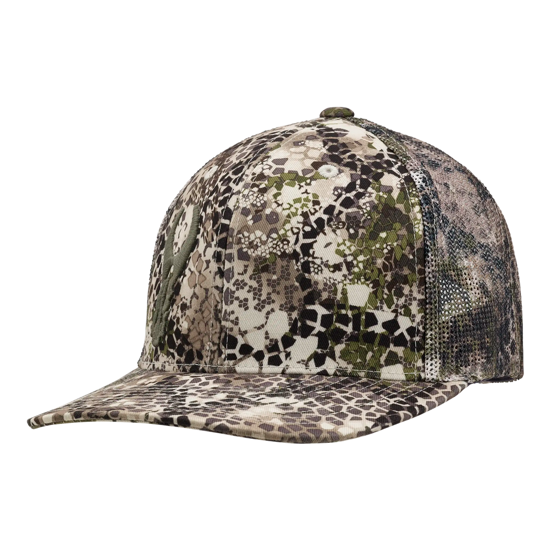 Badlands camo trucker hat with mesh back and embroidered skull logo on front.