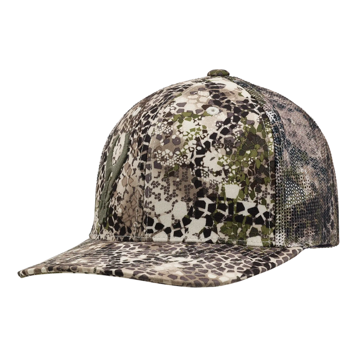 Badlands camo trucker hat with mesh back and embroidered skull logo on front.