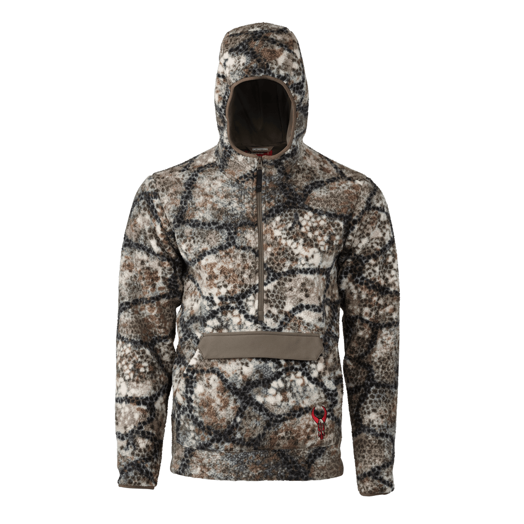 Badlands camo fleece hoodie with front zip pocket and red Badlands skull logo on lower left.