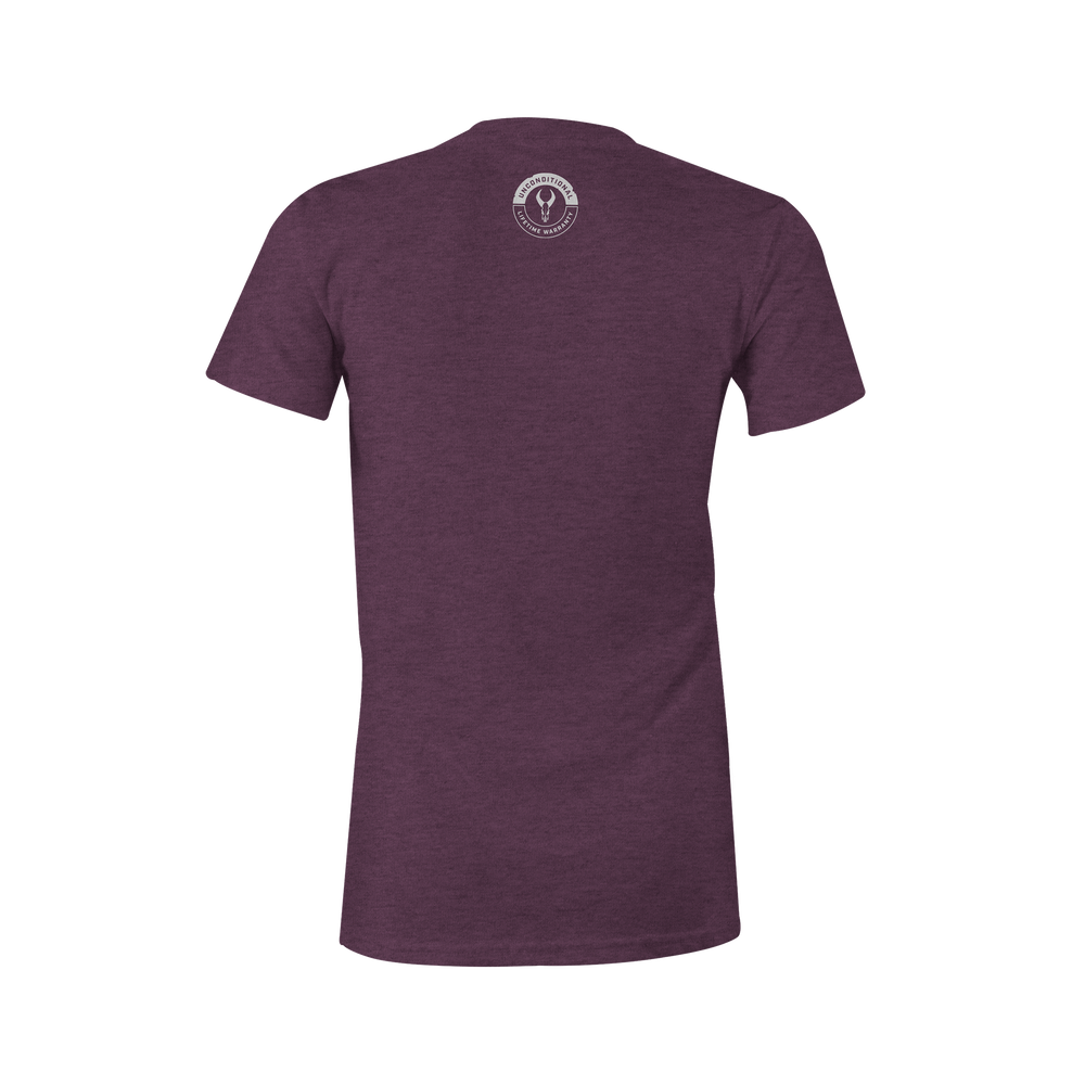 Heather purple t-shirt, back view, with small white Badlands skull logo and text at the upper neck.