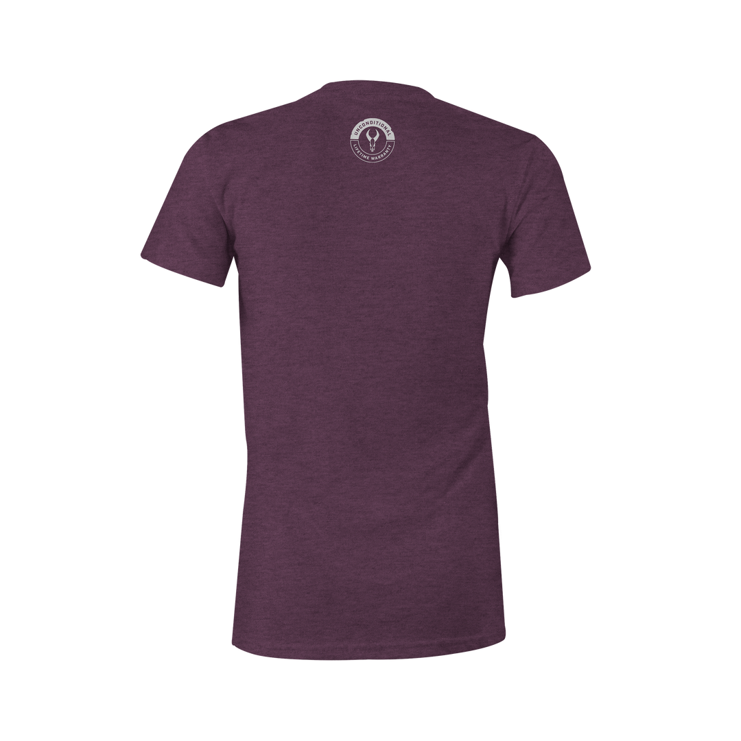 Heather purple t-shirt, back view, with small white Badlands skull logo and text at the upper neck.