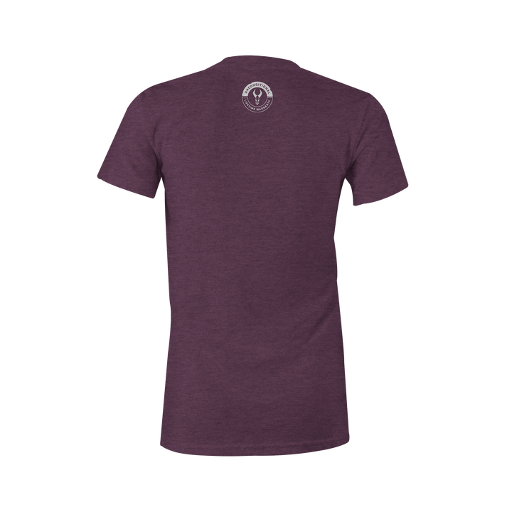 Heather purple t-shirt, back view, with small white Badlands skull logo and text at the upper neck.