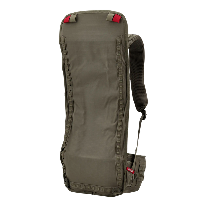 Olive Badlands hunting pack frame with padded shoulder straps, red accents, and Badlands logo on the hip belt.