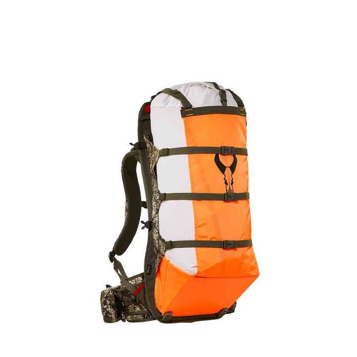 Badlands hunting backpack with orange and white panel, featuring the Badlands skull logo for high visibility and safety.