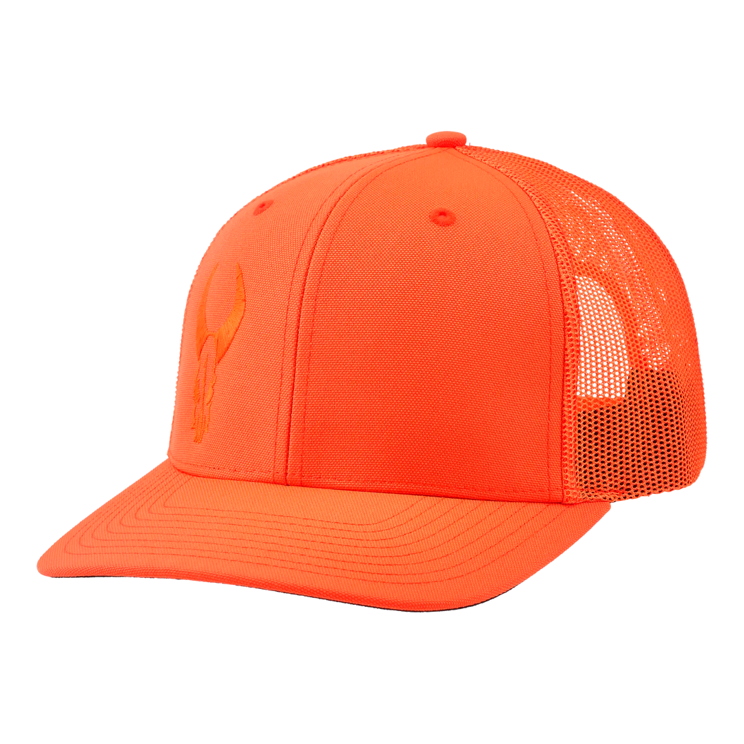 Bright orange Badlands cap with mesh back and embroidered skull logo on front; structured, ADA-friendly design.