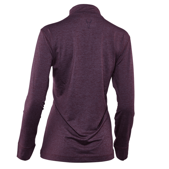 Back view of a purple Badlands women's long-sleeve shirt with skull logo at the neck.
